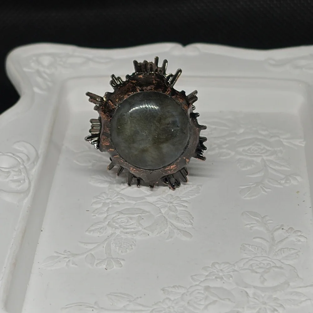 Large Genuine Labradite Sunburst Ring in Antique Brass Adjustable Band - Picture 6 of 10